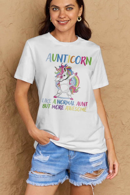 Simply Love Full Size AUNTICORN LIKE A NORMAL AUNT BUT MORE AWESOME Graphic Cotton Tee-Jewearrings