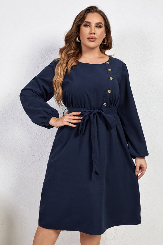 Melo Apparel Plus Size Buttoned Tie Belt Round Neck Long Sleeve Dress-Jewearrings