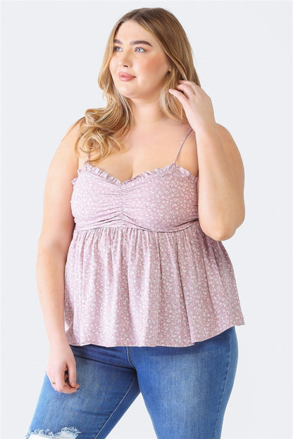 Zenobia Plus Size Frill Smocked Floral Sweetheart Neck Cami-Jewearrings