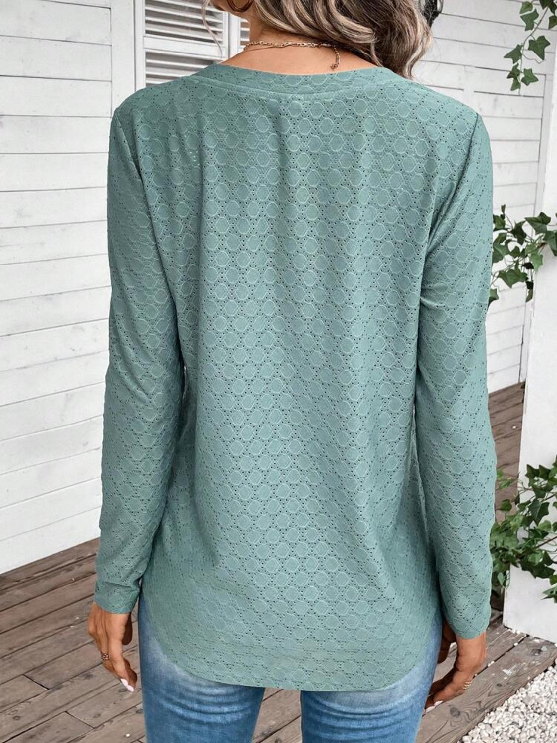 Eyelet V-Neck Long Sleeve T-Shirt-Jewearrings