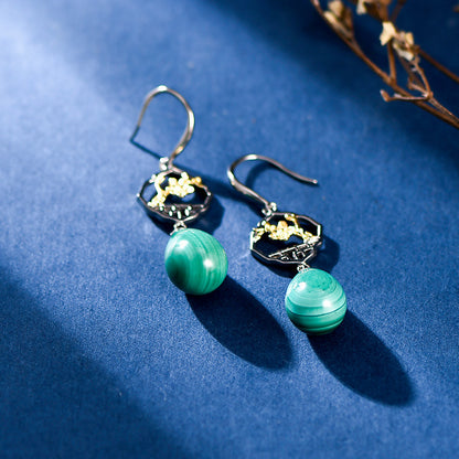 S925 Silver Chinese Ancient Style Window Plum Drop-shaped Malachite Earrings-Jewearrings