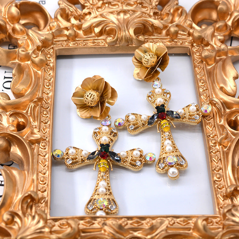 Vintage Baroque Catwalk Style Cross Earrings Female Accessories-Jewearrings