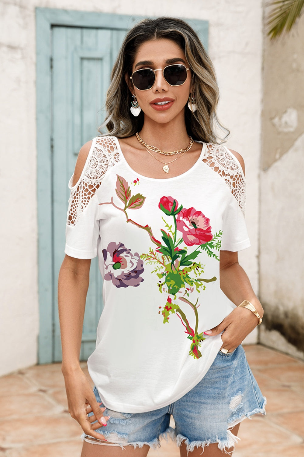 Lace Detail Round Neck Cold Shoulder Blouse-Jewearrings