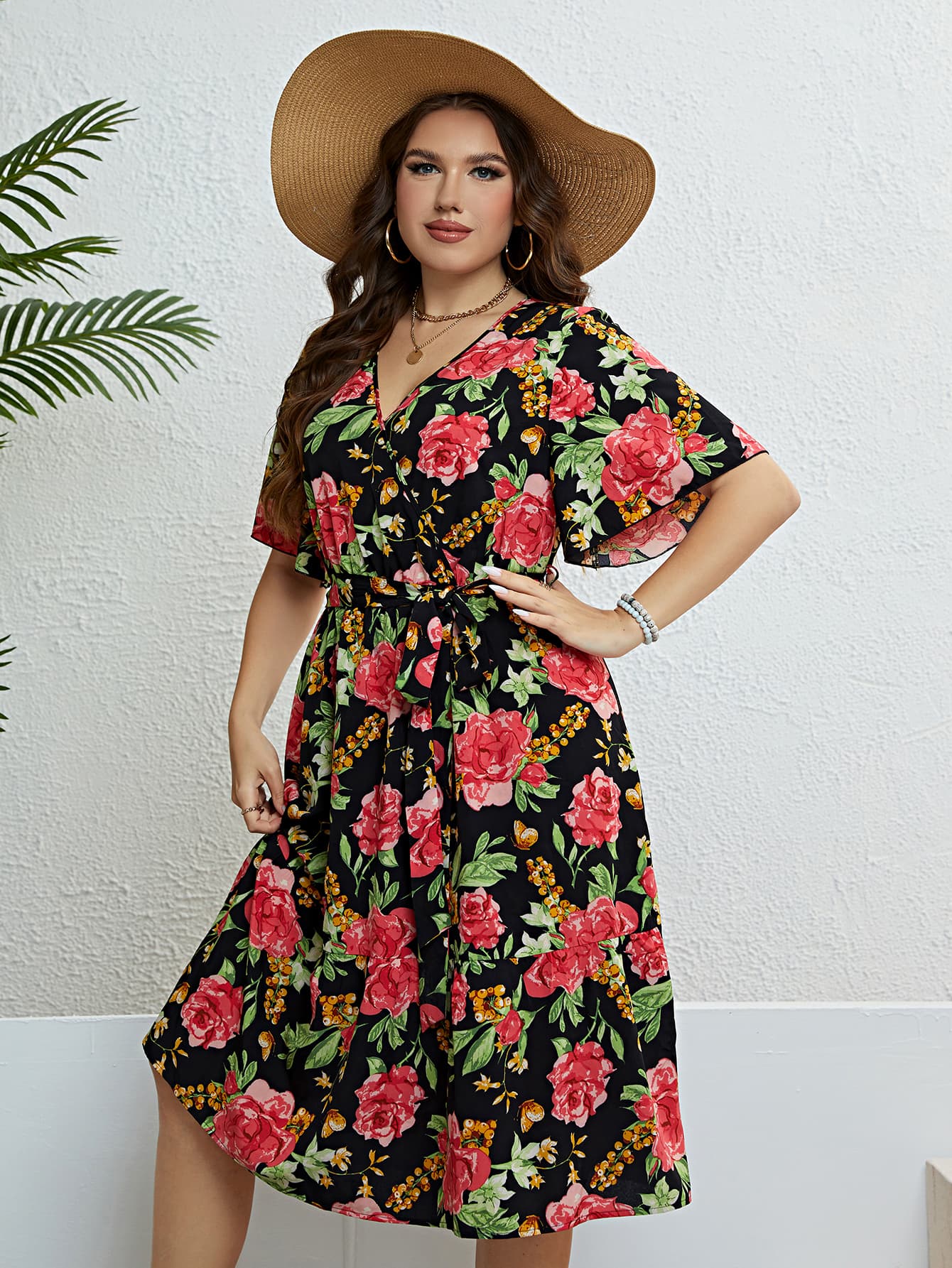 Plus Size Floral Tie Belt Surplice Dress-Jewearrings