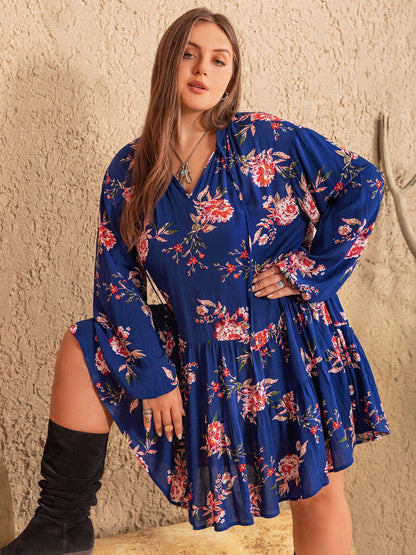 Plus Size Printed Tie Neck Balloon Sleeve Mini Dress-Jewearrings