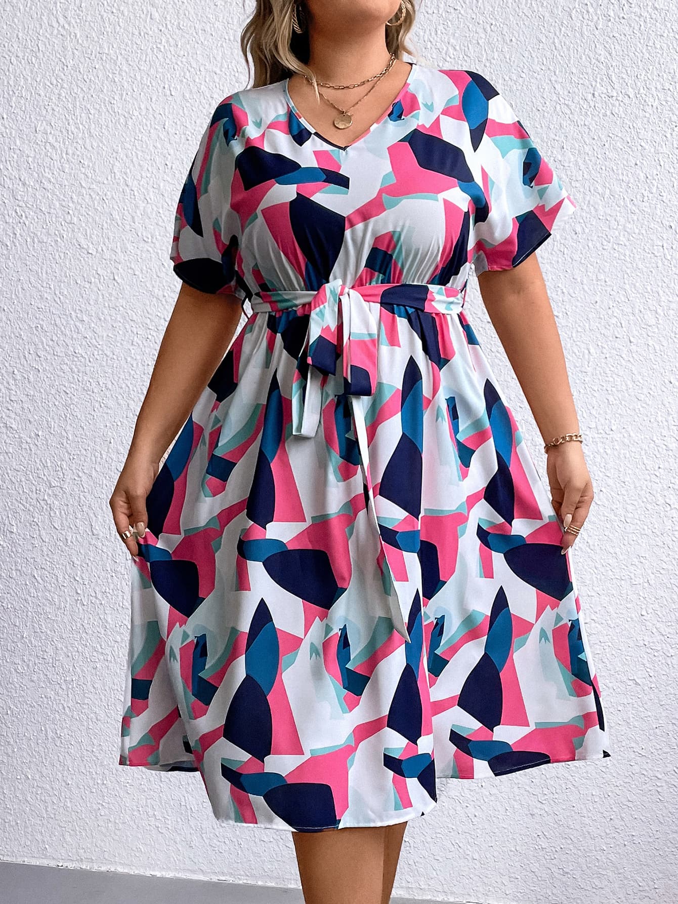 Plus Size Multicolored V-Neck Tie Waist Dress-Jewearrings