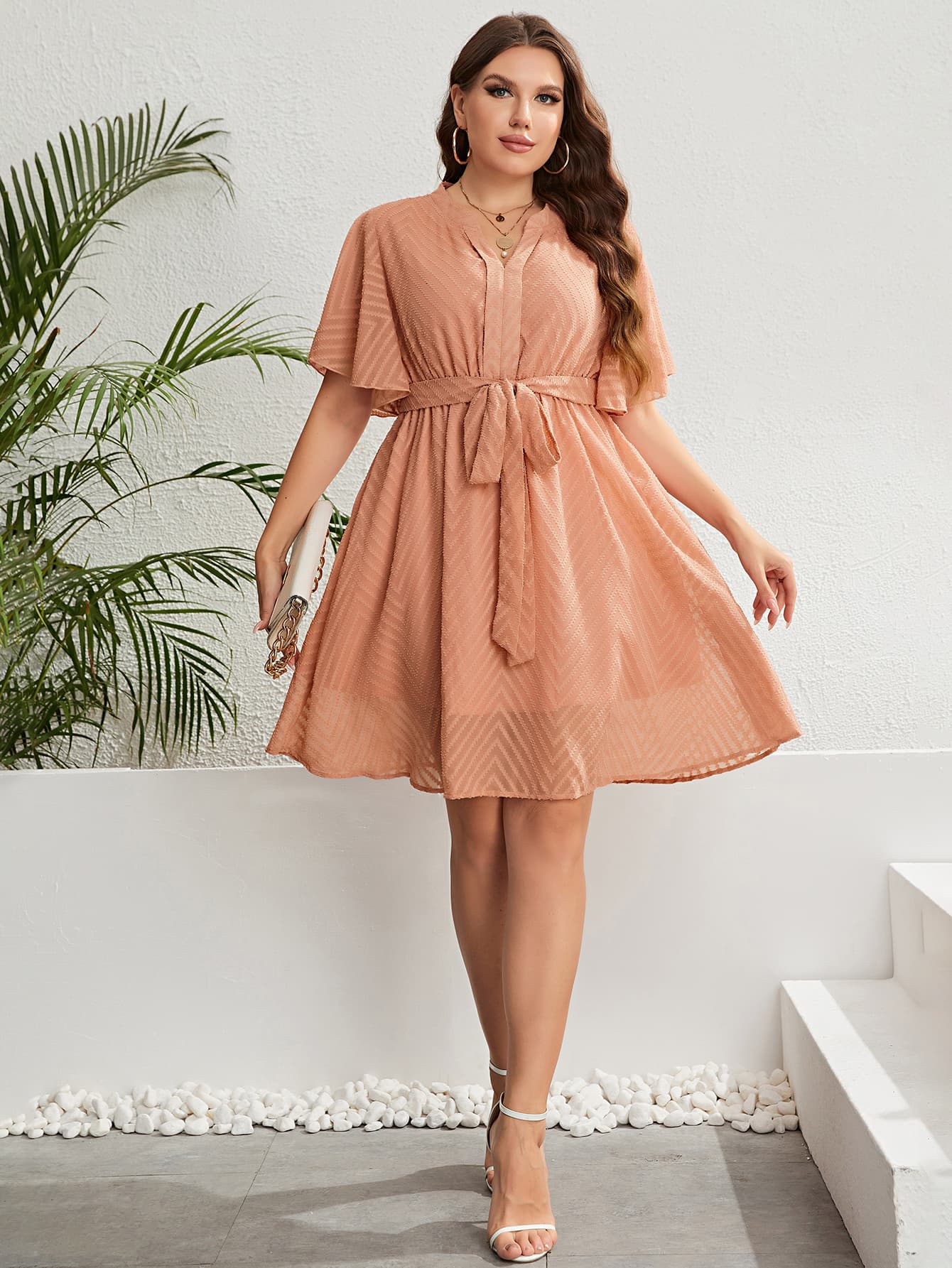 Plus Size Tie Waist Notched Neck Flutter Sleeve Dress-Jewearrings