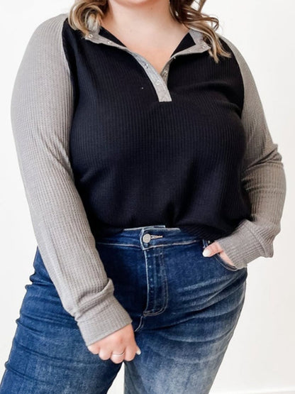 Plus Size Waffle-Knit Half Snap Long Sleeve Shirt-Jewearrings