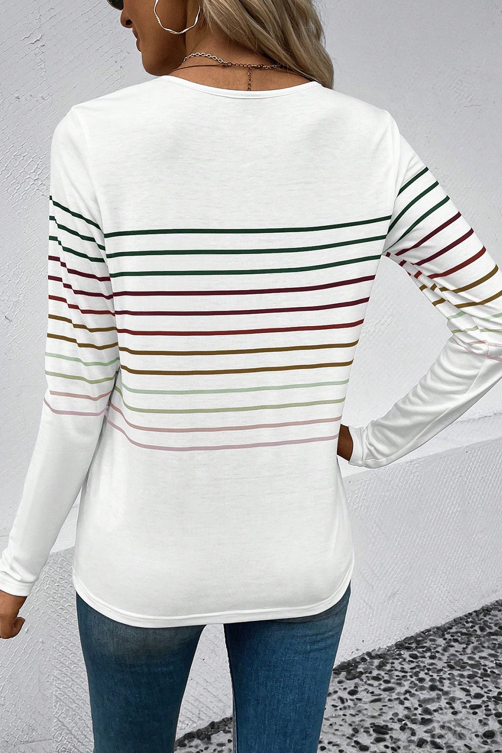 Striped Round Neck Long Sleeve T-Shirt-Jewearrings