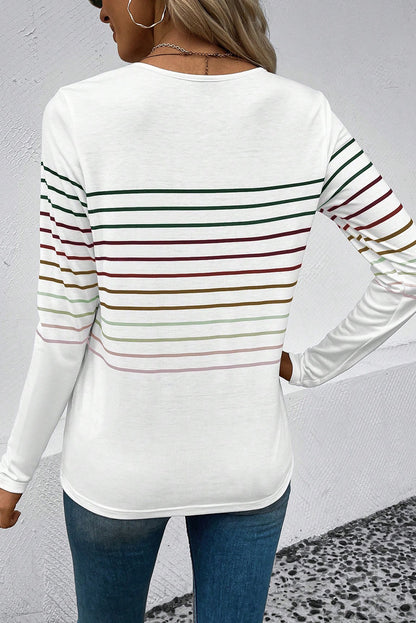 Striped Round Neck Long Sleeve T-Shirt-Jewearrings