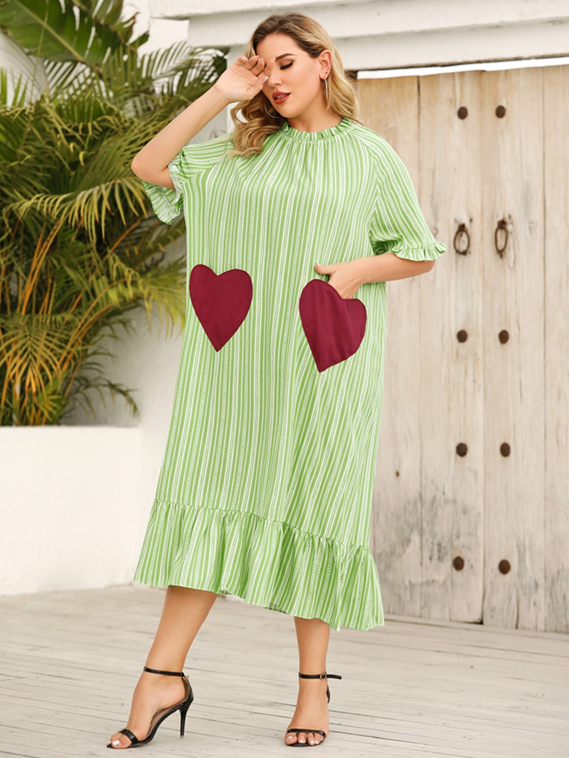 Plus Size Frill Heart Striped Half Sleeve Dress-Jewearrings