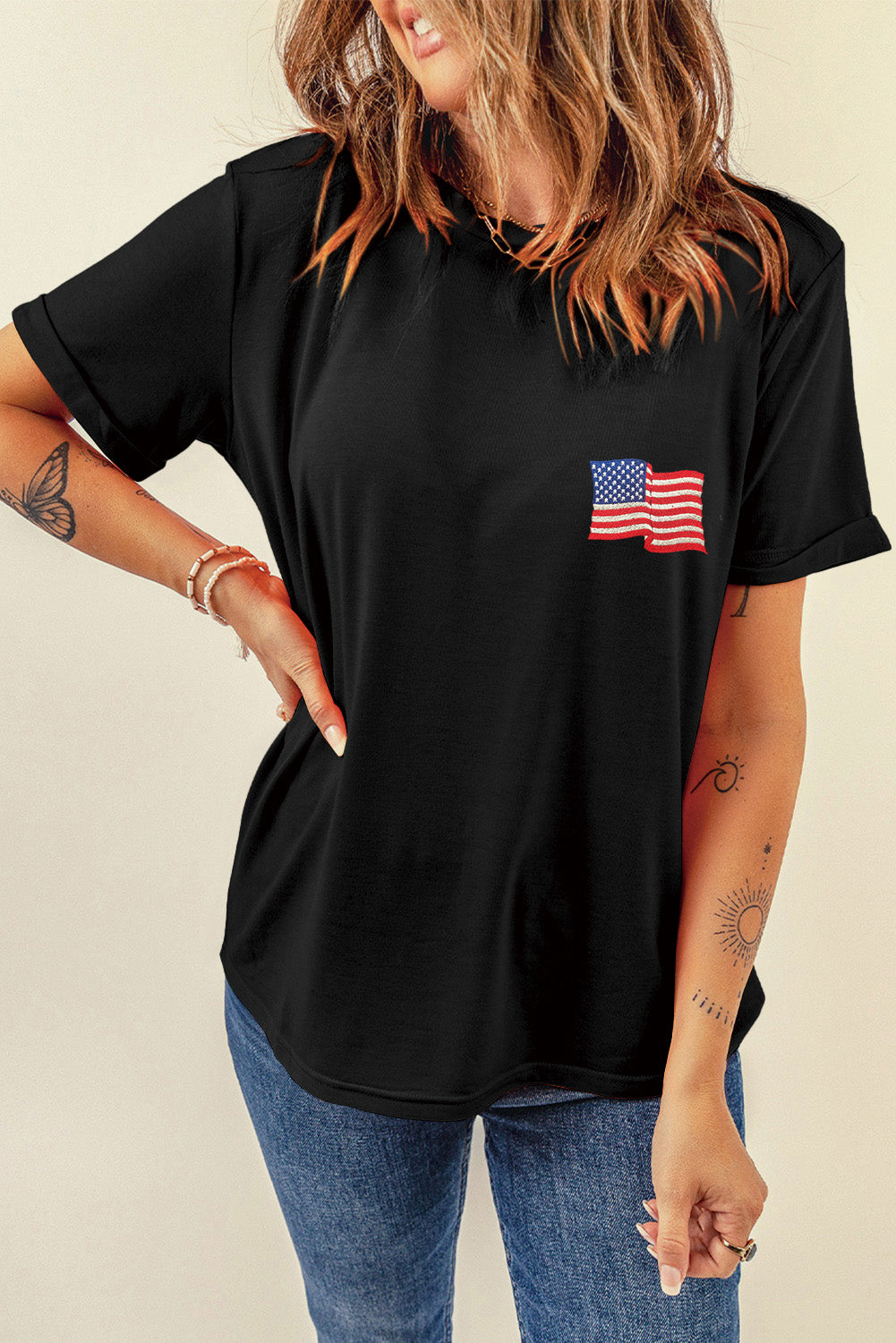 US Flag Round Neck Short Sleeve T-Shirt-Jewearrings