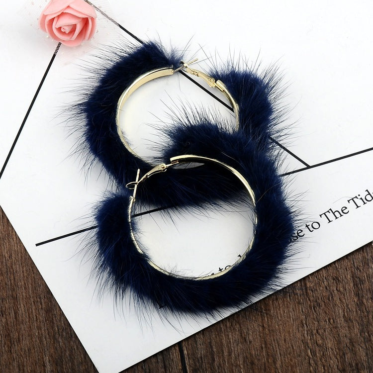 Mink Fur Large Circle Round Ear Hoop Earrings-Jewearrings