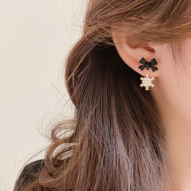 Silver Needle Zircon Snowflake Bow Earrings-Jewearrings