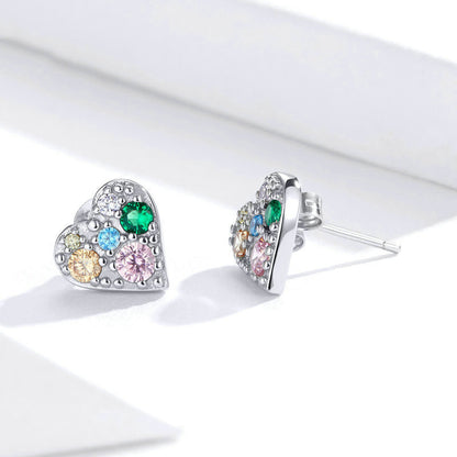 Sterling Silver Stud Earrings Colored Zircon Heart Shaped Personality Earrings-Jewearrings