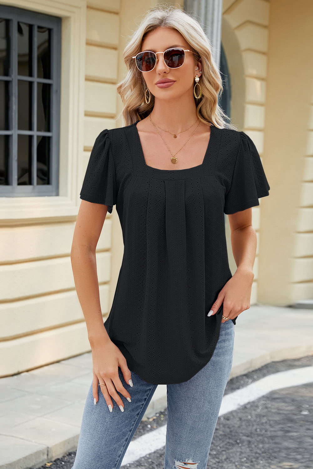 Eyelet Square Neck Short Sleeve T-Shirt-Jewearrings