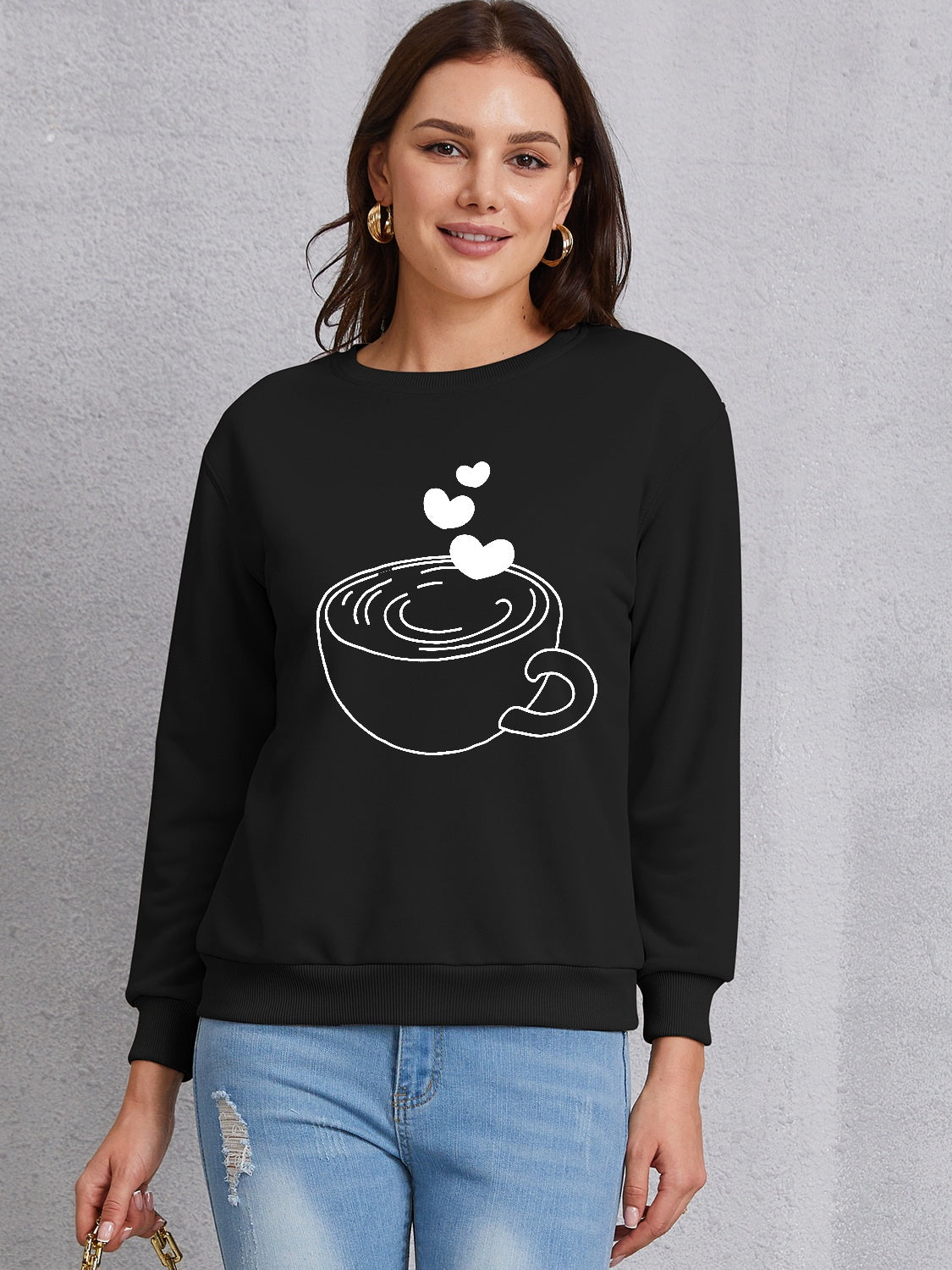 Cup Graphic Round Neck Dropped Shoulder Sweatshirt-Jewearrings