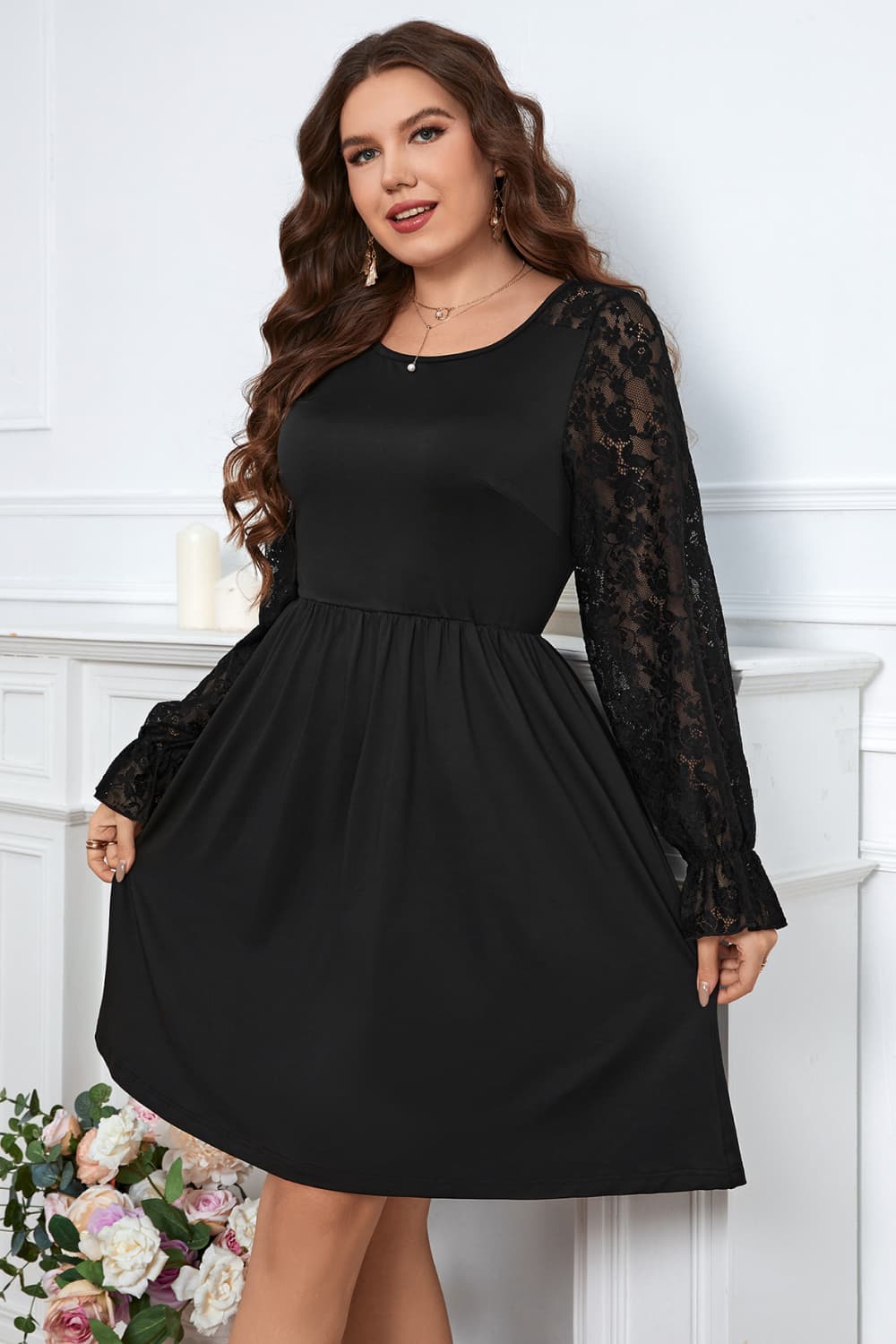 Melo Apparel Plus Size Lace Trim Round Neck Flounce Sleeve Dress-Jewearrings