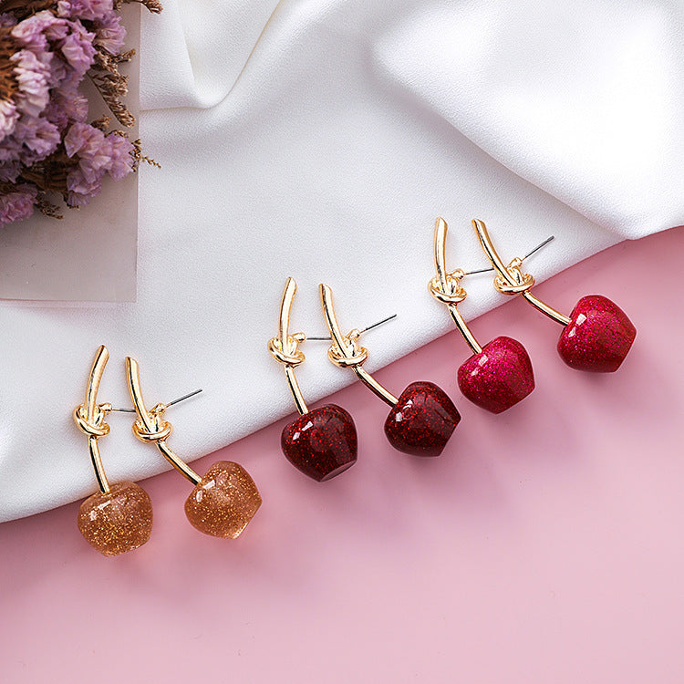 Fashion Women Sequins Flashing Red Cherry Earrings Sweet Wild Golden Cherry Earrings Knotted Stud Earrings For Women-Jewearrings