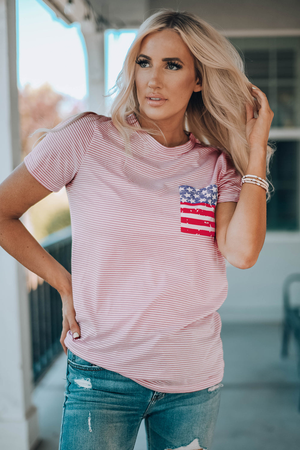 Striped US Flag Crewneck Tee-Jewearrings