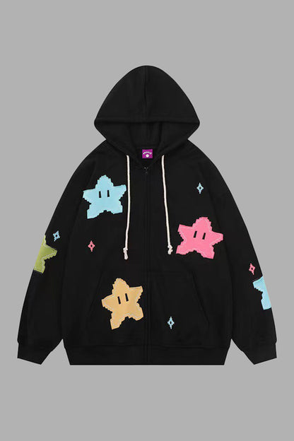 Star Drawstring Zip Up Dropped Shoulder Hoodie-Jewearrings