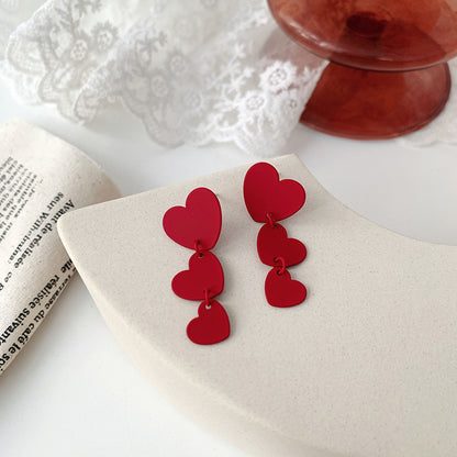 Wine Red Love Baking Varnish Bow Silver Needle Earrings-Jewearrings