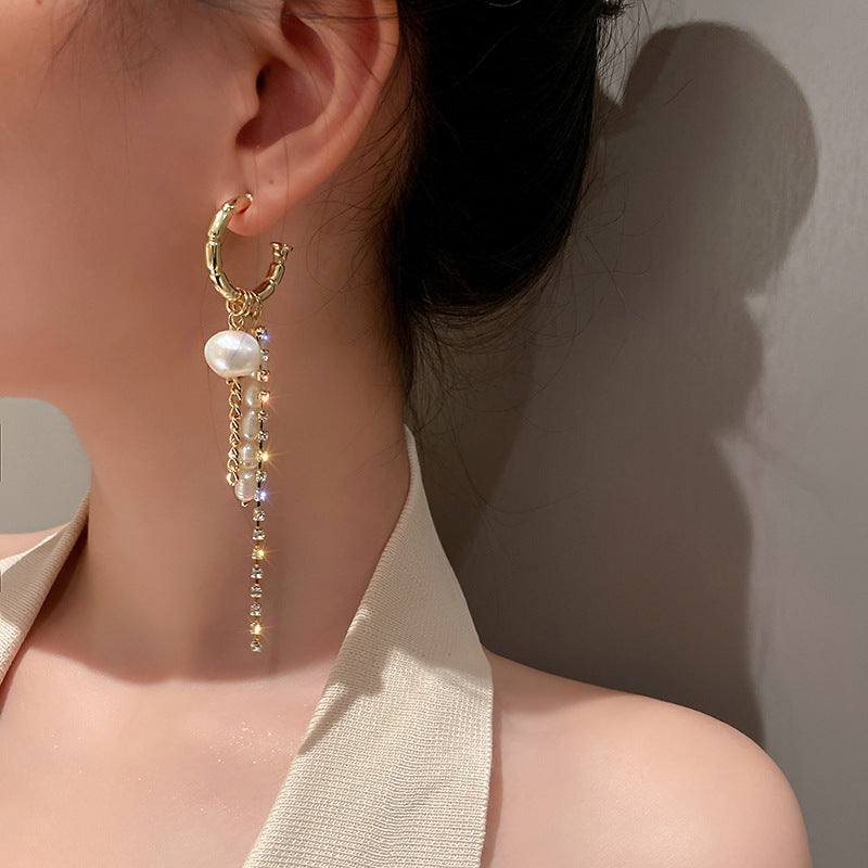 New Tassel Pearl Earrings With Diamonds-Jewearrings