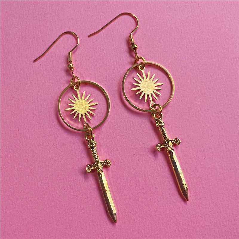 Gold Dagger Circle Sun Bohemian Earrings-Jewearrings