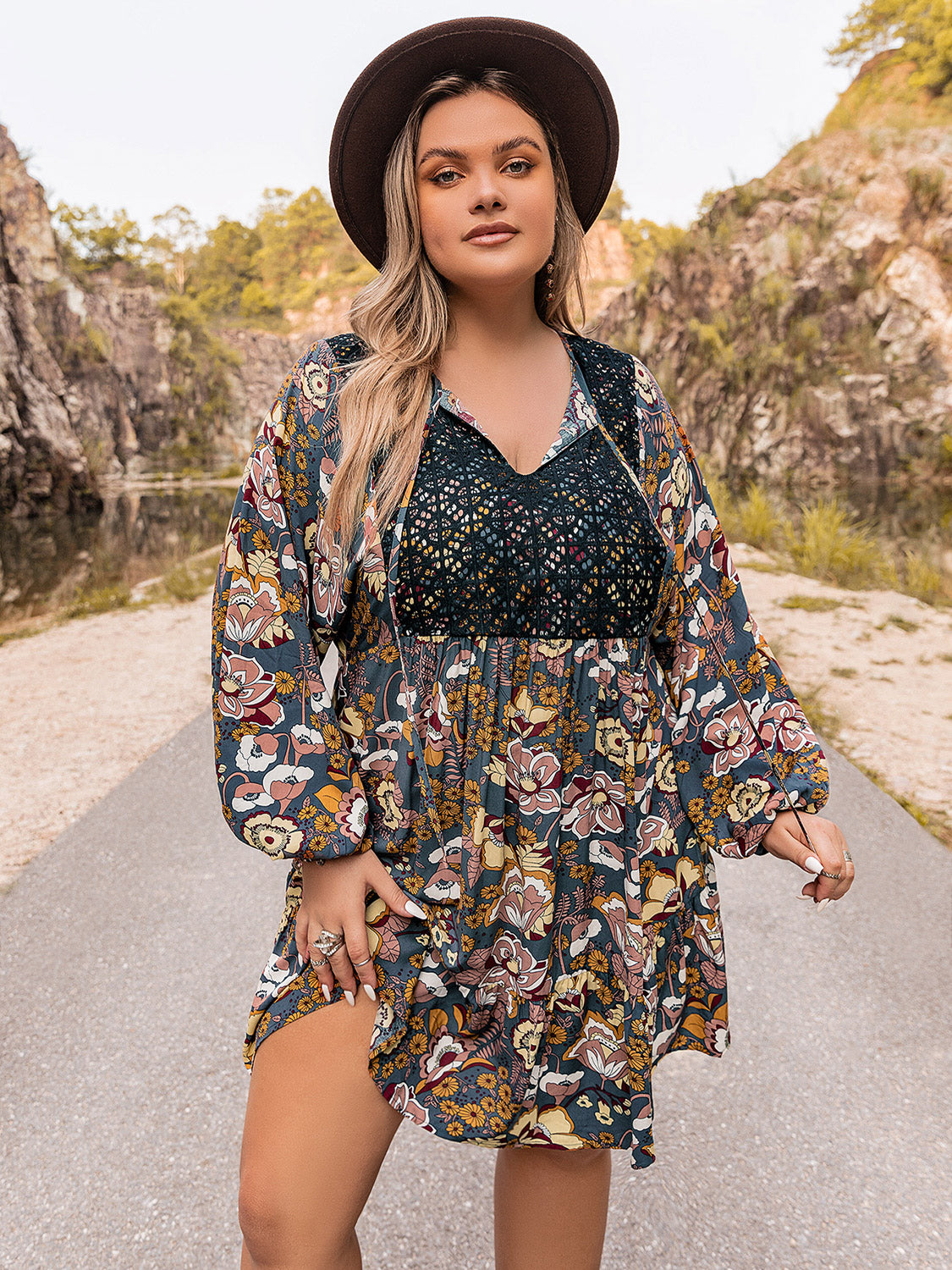 Plus Size Floral Tie Neck Balloon Sleeve Mini Dress-Jewearrings