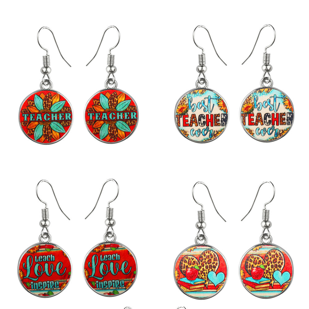 Boho Best Teacher Ever Glass Dome Earrings Stainless Steel Teach Love Inspire Dangle Earrings For Women-Jewearrings