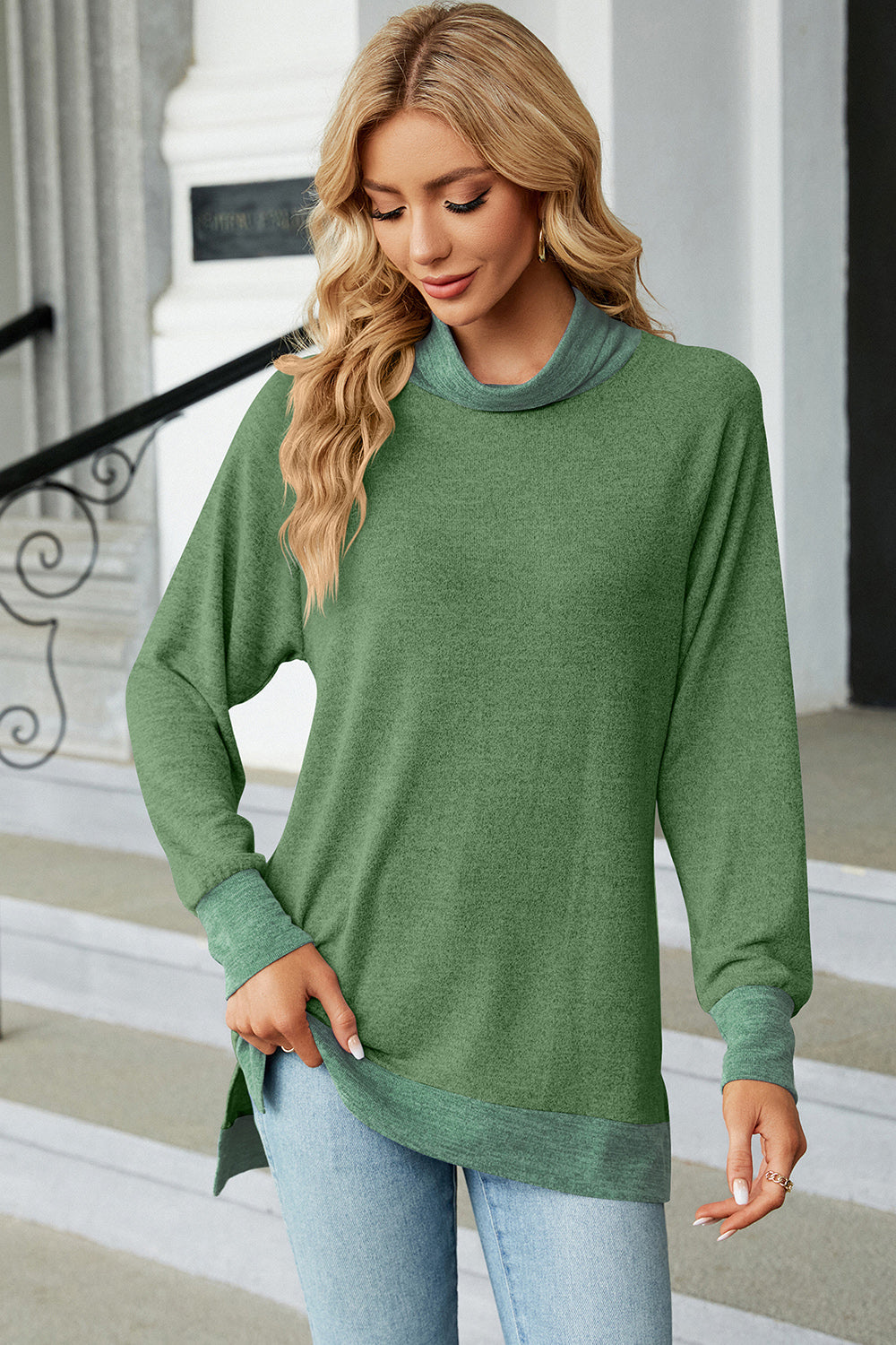 Slit Mock Neck Long Sleeve T-Shirt-Jewearrings