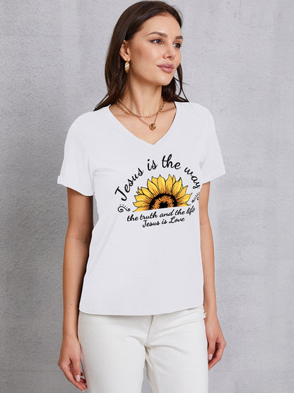 Sunflower V-Neck Short Sleeve T-Shirt-Jewearrings