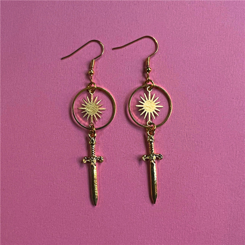 Gold Dagger Circle Sun Bohemian Earrings-Jewearrings