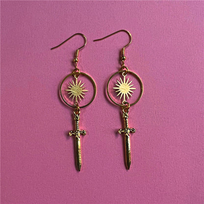 Gold Dagger Circle Sun Bohemian Earrings-Jewearrings