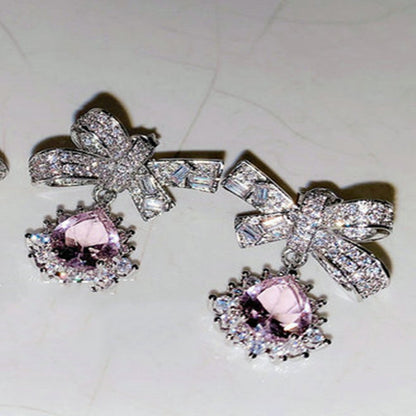 Gentle peach blossom drop zircon bow earrings-Jewearrings