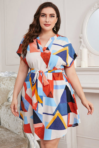 Plus Size Notched Neck Tie Waist Dress-Jewearrings