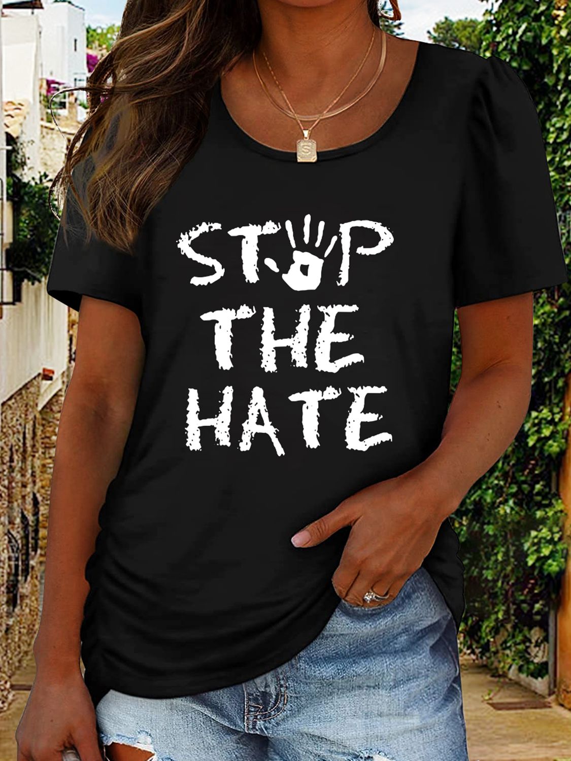 Round Neck Short Sleeve STOP THE HATE Graphic T-Shirt-Jewearrings