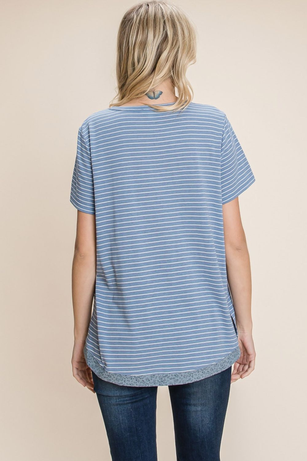 Cotton Bleu by Nu Lab Slit Striped Notched Short Sleeve T-Shirt-Jewearrings