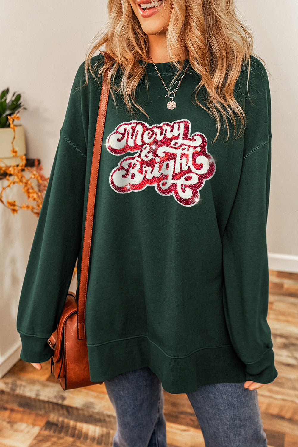 Sequin MERRY & BRIGHT Long Sleeve Sweatshirt-Jewearrings