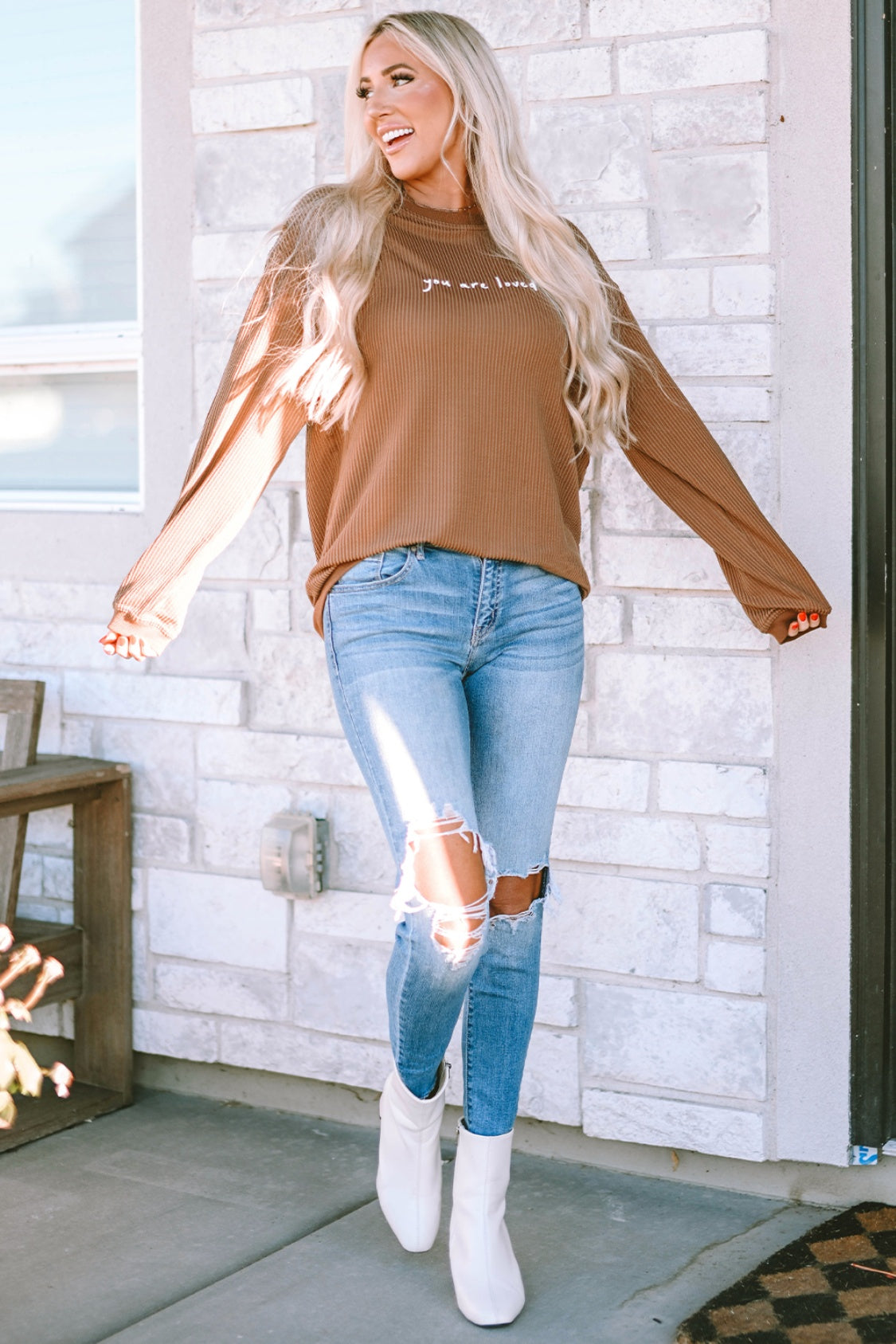 YOU ARE LOVED Graphic Dropped Shoulder Corduroy Sweatshirt-Jewearrings