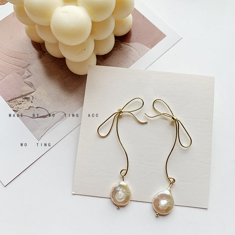 Temperament Metal Bow Natural Pearl Long Earrings-Jewearrings