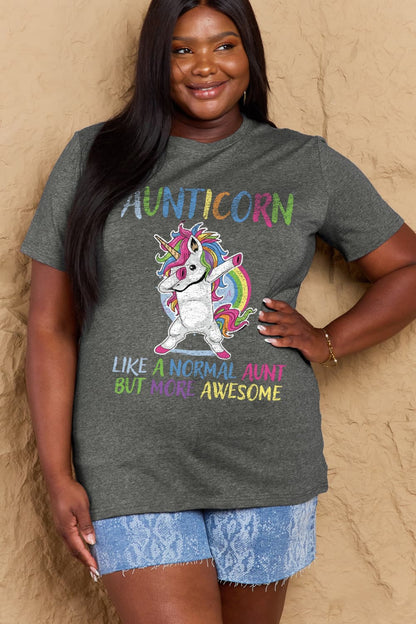 Simply Love Full Size AUNTICORN LIKE A NORMAL AUNT BUT MORE AWESOME Graphic Cotton Tee-Jewearrings