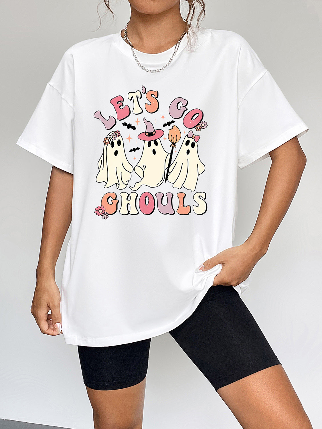 Round Neck Short Sleeve LET'S GO GHOULS Graphic T-Shirt-Jewearrings