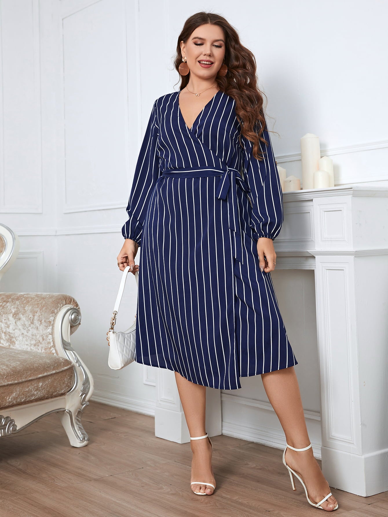 Melo Apparel Plus Size Striped Surplice Neck Long Sleeve Dress-Jewearrings