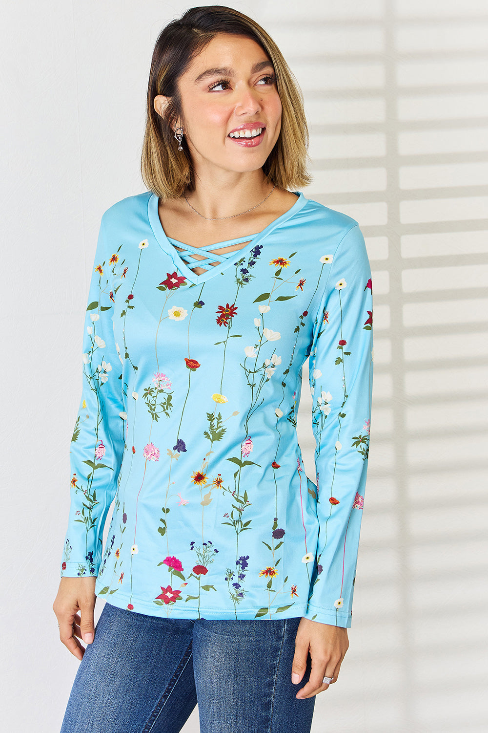 Crisscross Printed Long Sleeve T-Shirt-Jewearrings