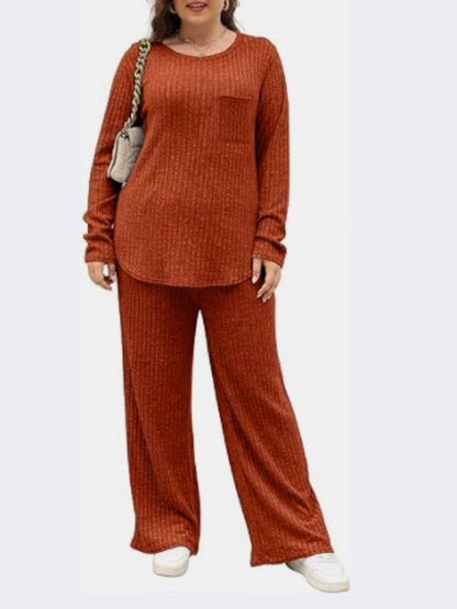 Plus Size Round Neck Long Sleeve Top and Pants Set-Jewearrings