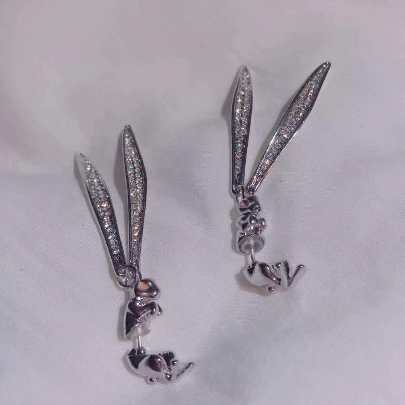 Long Ear Bunny Long Back Hanging S925 Silver Needle Crystal Earrings Earrings-Jewearrings