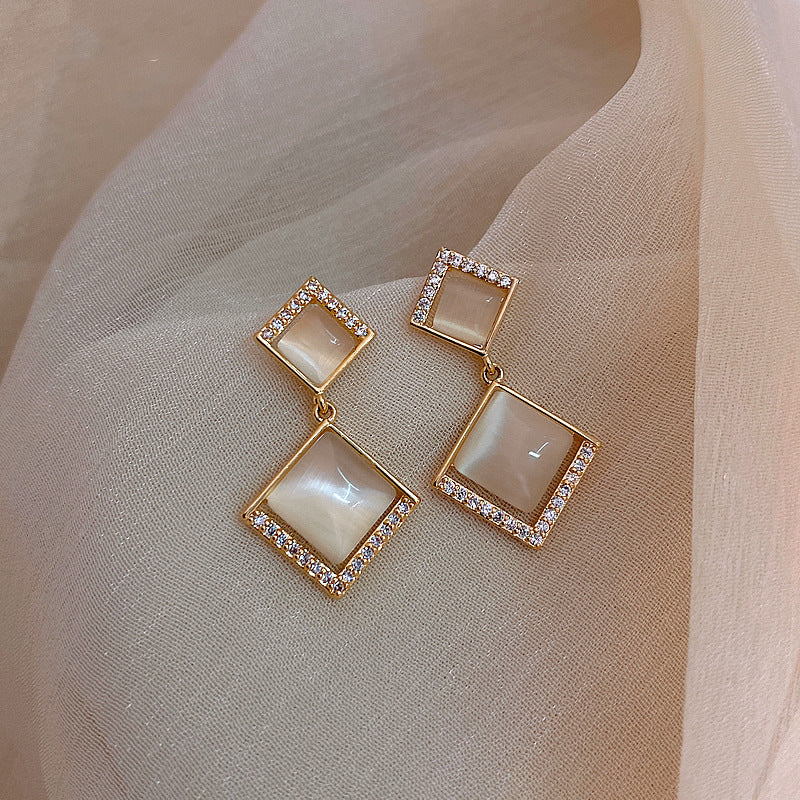 Silver Needle Opal Earrings Temperament Geometric Square-Jewearrings