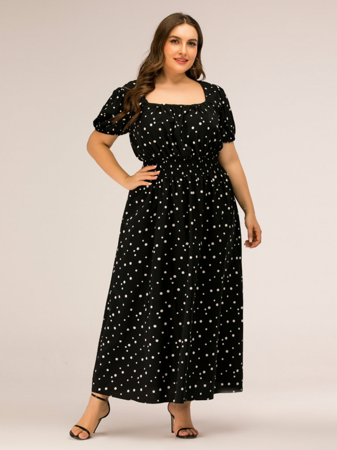 Plus Size Polka Dot Square Neck Dress-Jewearrings