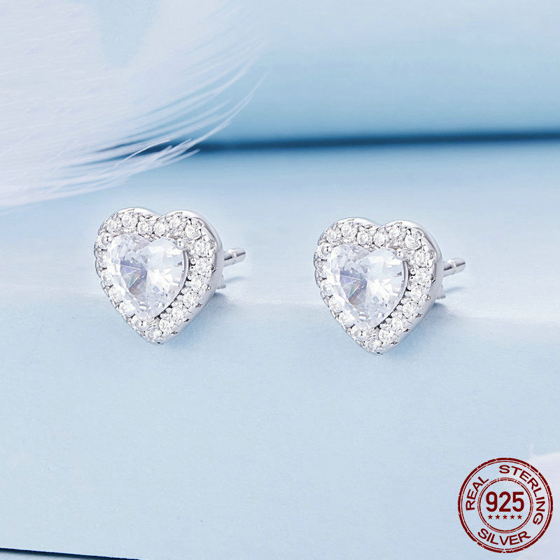 925 Sterling Silver Loving Heart Stud Earrings Female Shining Zircon-Jewearrings